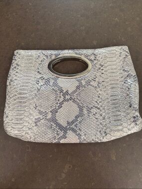 Donald J. Pliner Silver-Grey Snake-Print Oval-Handle Clutch
